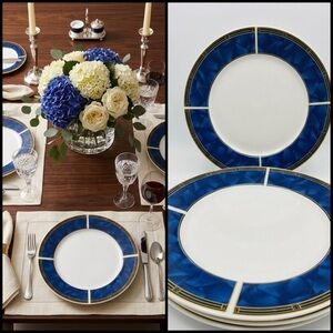 4 VTG Sapphire Sango 8822 MCM Stoneware Blue White Yellow 10.5”Dinner Plate Set